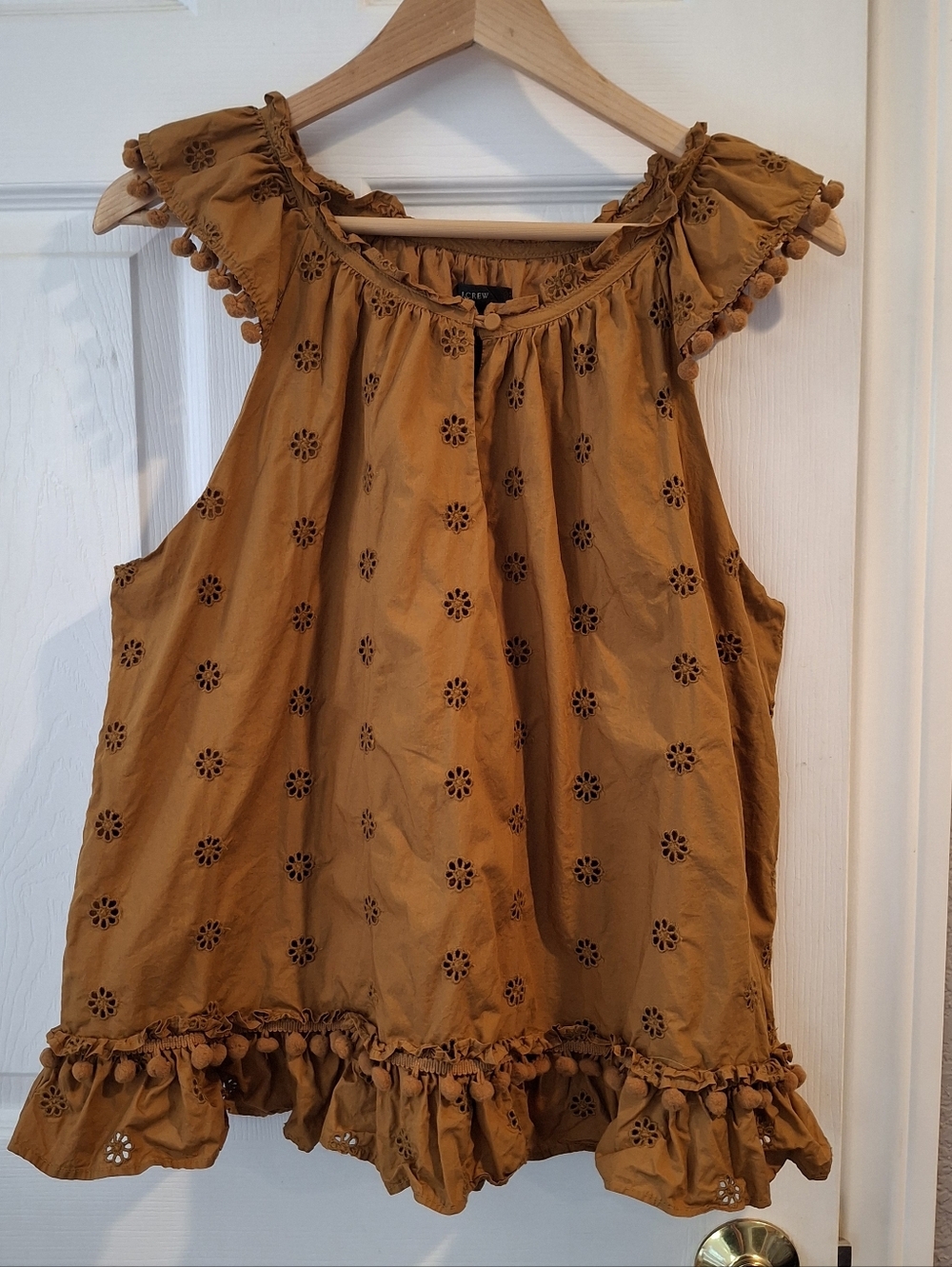 J.Crew Eyelet Pom Pom Top Cotton Poplin Womens XL Lined Festival Natural Fiber